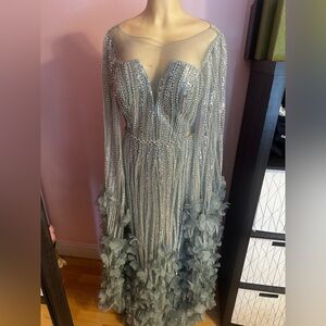 Silver Sequin mint color Gown with Floral Details